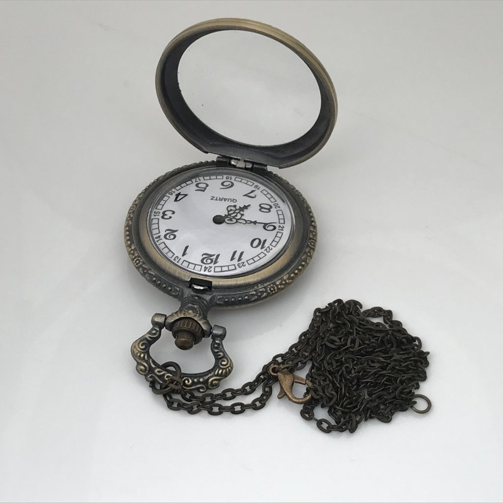 Pocket Watch Necklace Quartz Analog Brass Tone - Picture 6 of 12